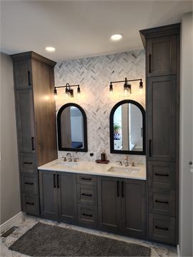 Completed custom bathroom vanity by Jackson Cabinets