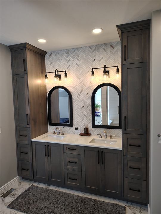 Completed custom bathroom vanity by Jackson Cabinets